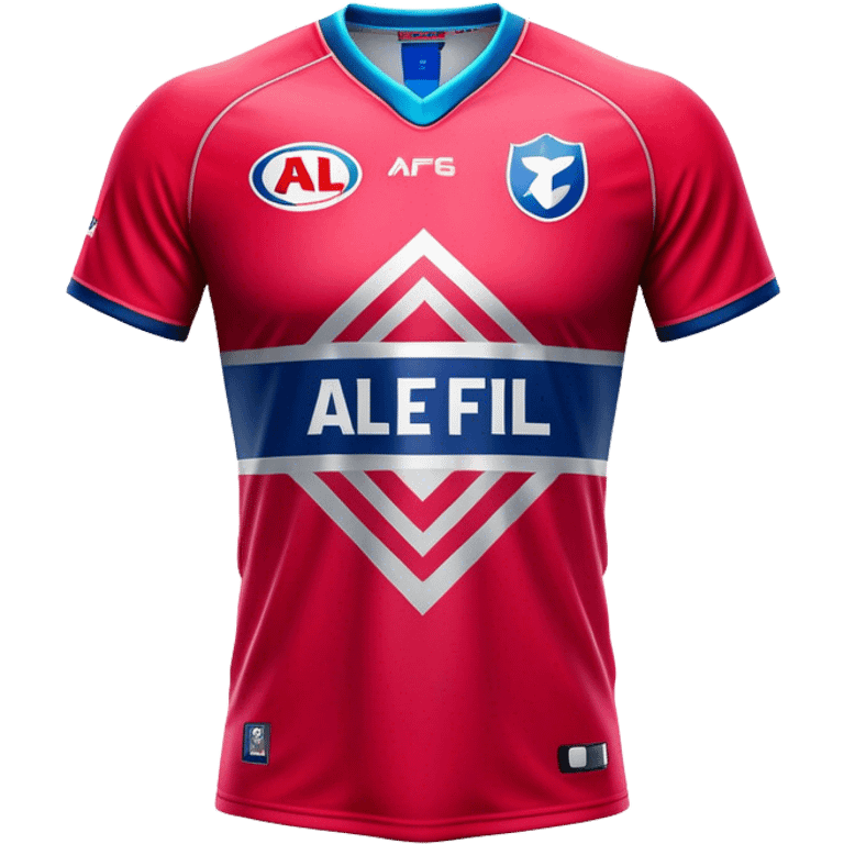 Cinematic Realistic image of an AFL jersey rendered in vibrant team colors with detailed fabric textures and dynamic creases, illuminated by bold, stadium lighting that accentuates its sporty character emoji