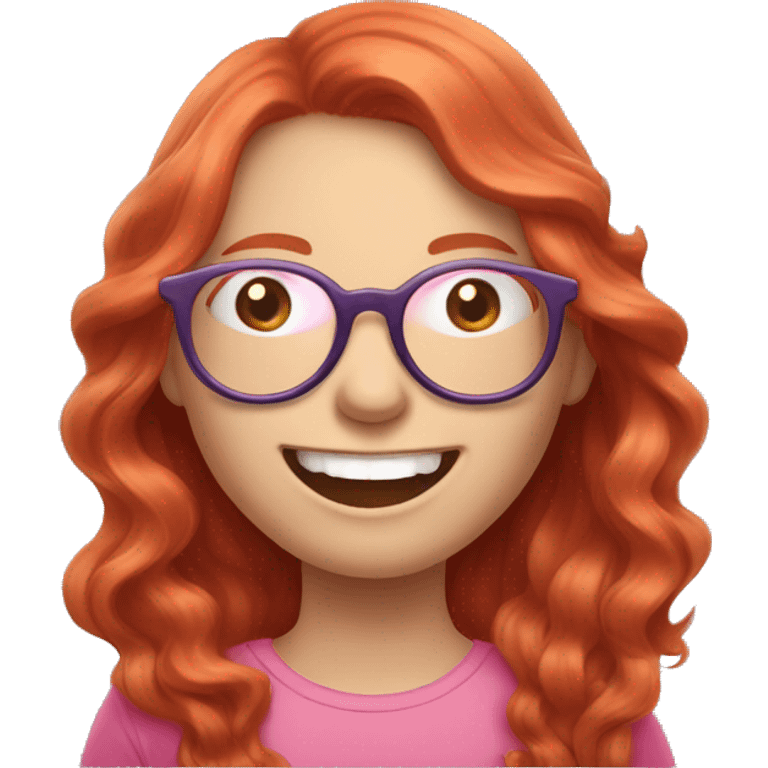 Pale, Long Wavy haired red head, girl with pink circular glasses glasses laughing and pointinf emoji