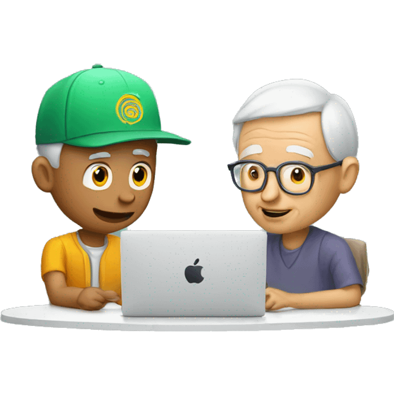 Young man with SnapBack hat helping old man to use artificial intelligence on a MacBook  computer emoji