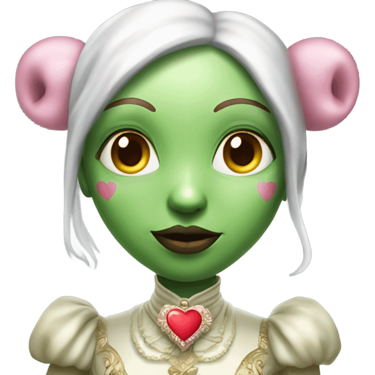 a green amazon alien woman in Victorian white gold, pink hair,holdig, red big hearth, full body emoji