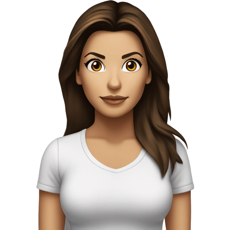 3/4 face, contrasted, shadow, light, Eva Longoria expression, standing from a distance, thin nose, brunette woman, hazel eyes, long eyelashes, dark shoulder shaded hair, white t-shirt, jeans, white sneakers emoji