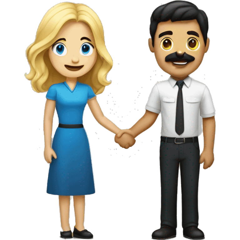 blond blue eyed woman shaking hands with dark hair dark eyed man with mustache emoji