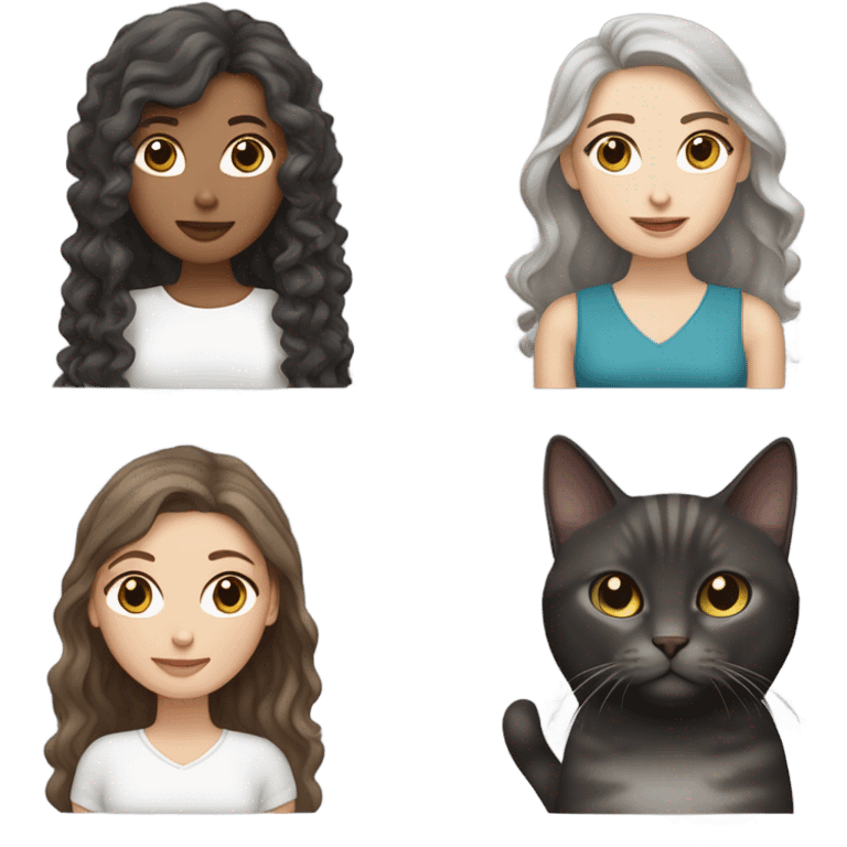 one white skinned woman with straight dark brown hair holding a grey tabby cat and one white skinned woman with curly long dark brown hair holding a dark grey cat emoji