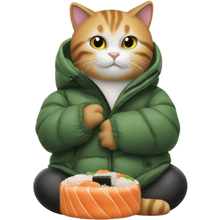 cat in a big puffy jacket eating sushi emoji