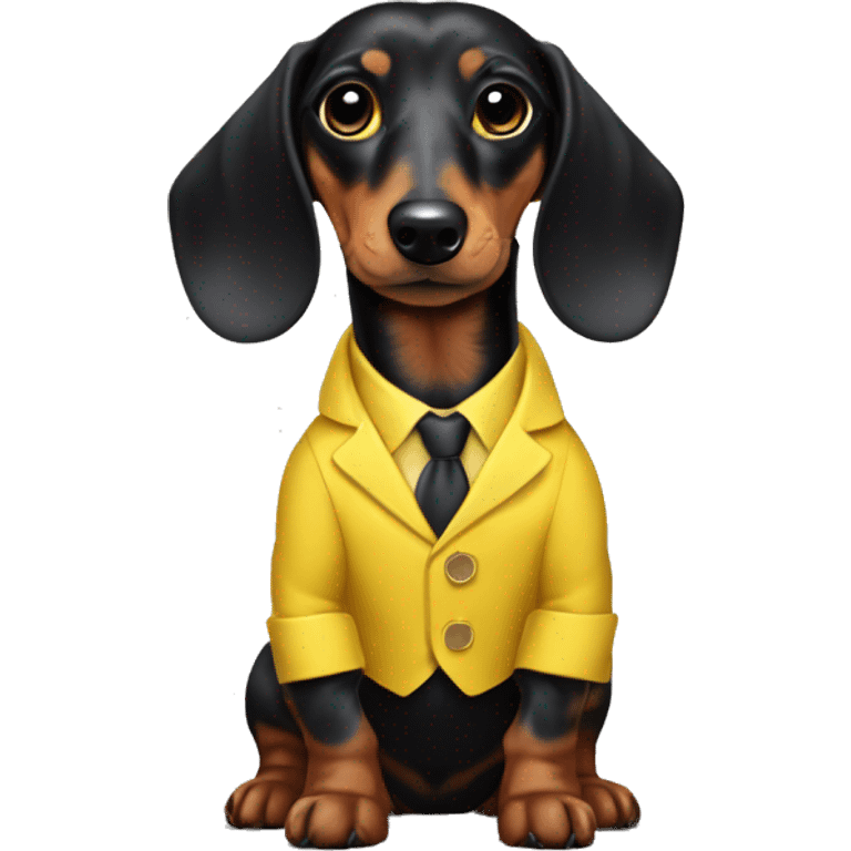 Black log haired dapple dachshund in a yellow suit emoji