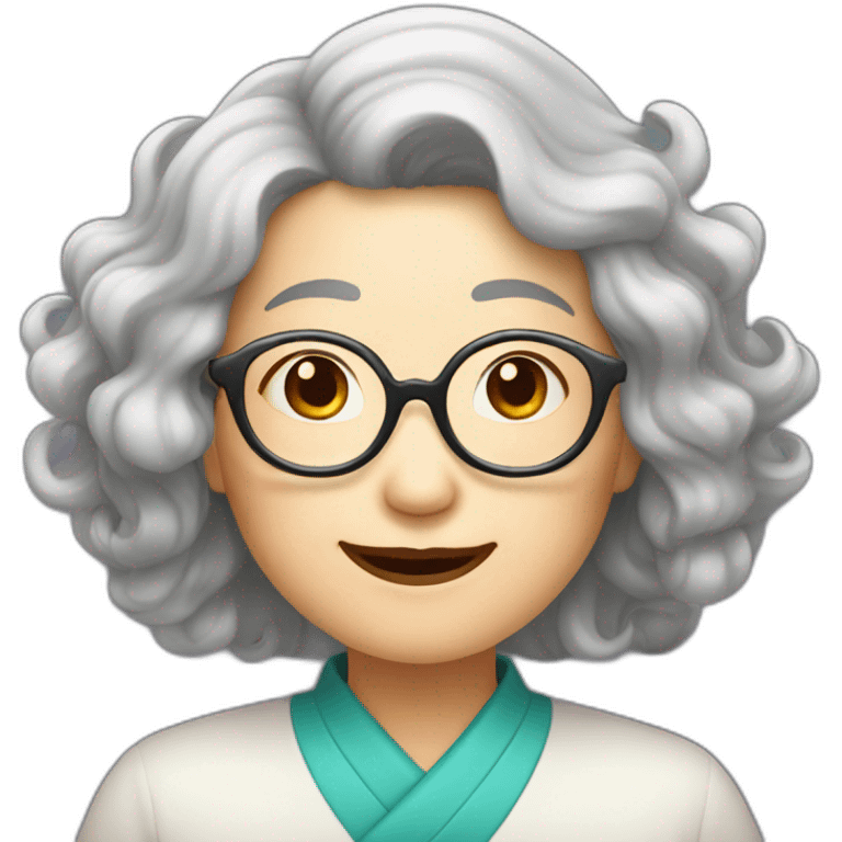 Chinese senior lady with wavy long hair wear  glasses show thank you signs emoji