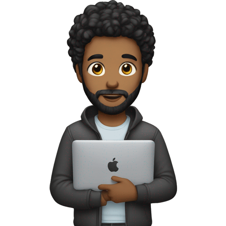 young man with black beard an long hair and a macbook in her hand emoji