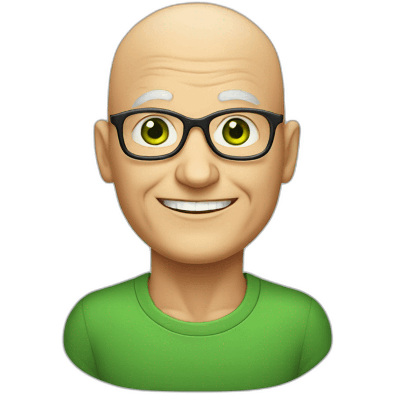 50 year teacher with smiling face and no hair, intelligent strong green eyes, emoji