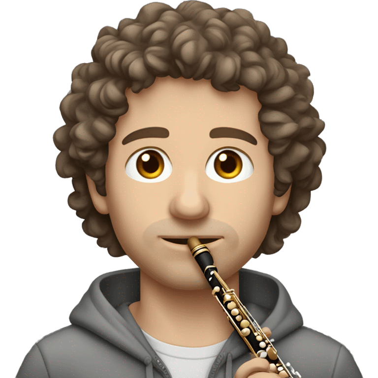 Caucasian man grey zipped hoodie brown hair bit curly brown eyes. he is playing the flute. emoji