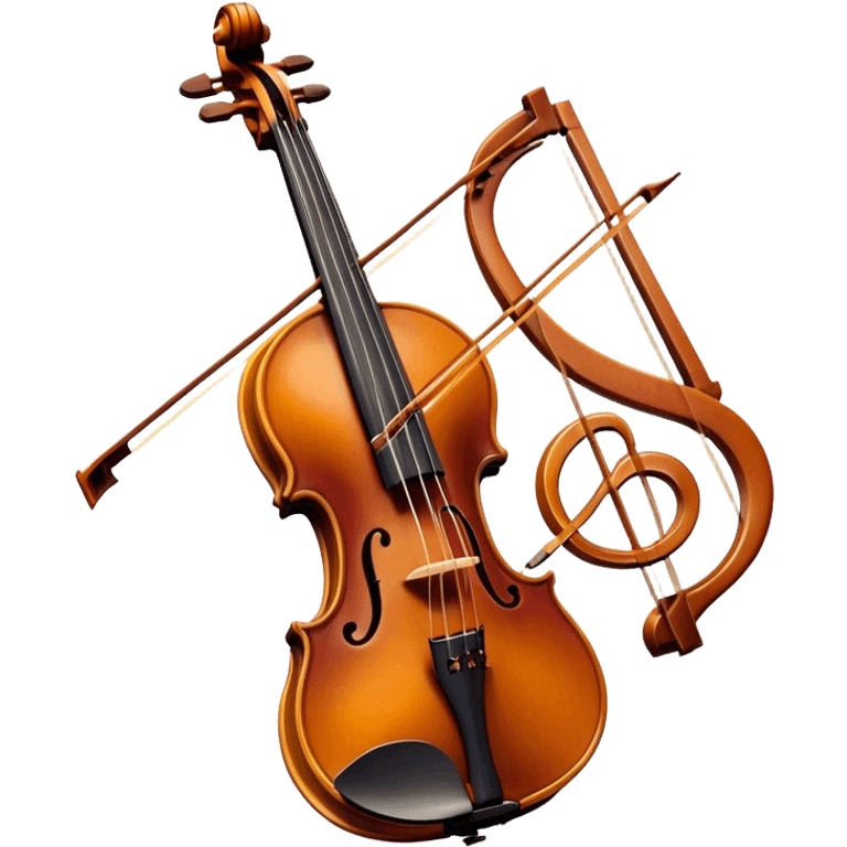 Create a sophisticated and artistic emoji representing the 'Macdonald' viola by Antonio Stradivari, with a bow. The design should feature the beautifully crafted viola with its elegant, curved shape and intricate woodwork, positioned alongside a finely crafted bow. Add subtle elements like flowing musical notes to emphasize the sound and artistry of the instrument. Use rich, warm tones like golden brown and deep red to reflect the luxurious nature of the instrument. The background should be transparent emoji