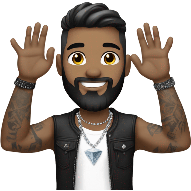 Younger white male that has grey blue eyes, dark brown hair with grey on the sides, a beard, and tattoos. He is wearing a diamond coated white gold necklace and a black punk band t-shirt while waving hello emoji