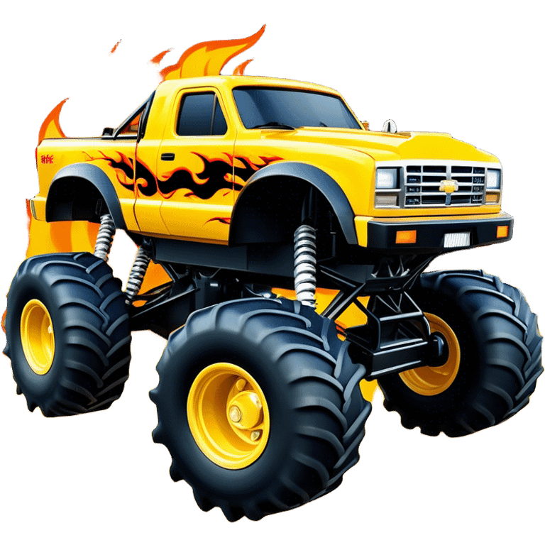 Maximum Destruction - Monster Jam (Model Year: 2021) (Iconic colour: Yellow with black flames) - A ferocious monster truck featuring a vivid yellow base accented by dramatic black flame patterns. Emphasize sharp, high-contrast flame streaks across the body, creating a look of aggressive, explosive energy. emoji