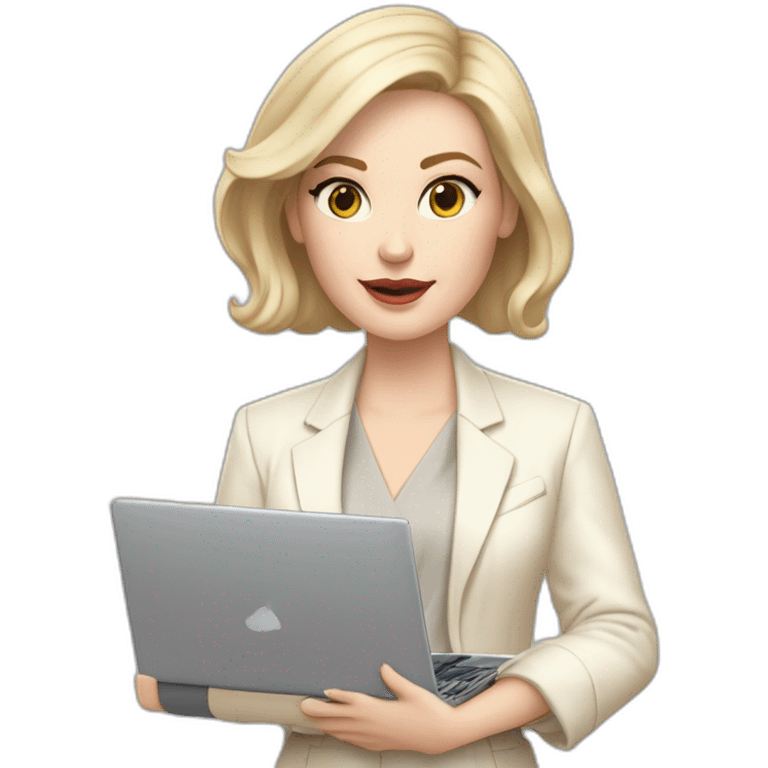 pale skin woman with ash blonde Straightened bob Hair, White Spacious classical jacket, beige palazzo Arrow pants and gray blouse holding a MacBook in the hands emoji