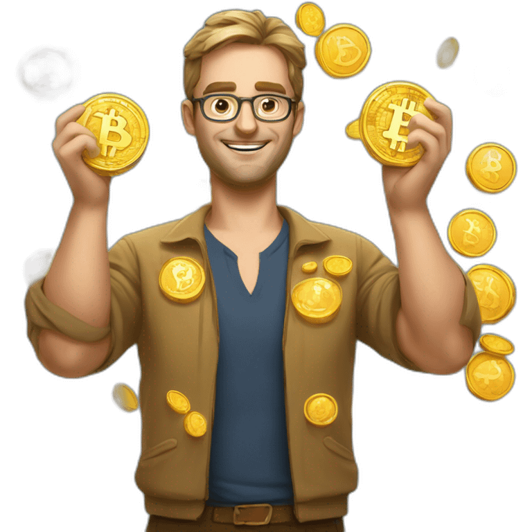 crypto trader big profit with many coins in hands emoji