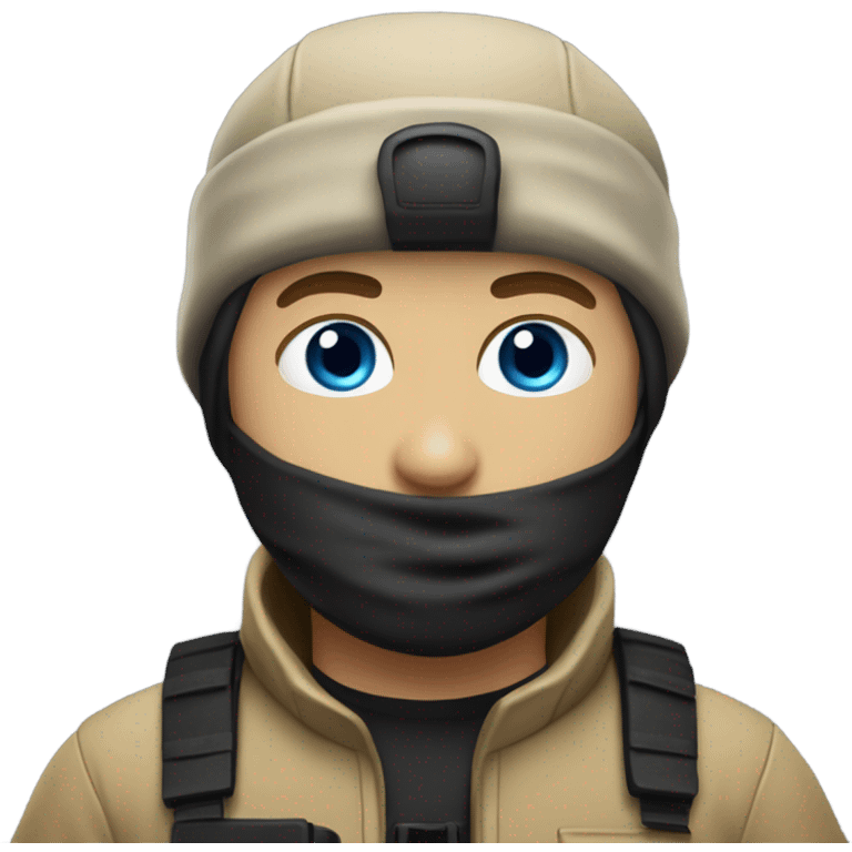 White male, face mask, tan tactical gear, tan pants, combat boots, black beanie, blue eyes emoji