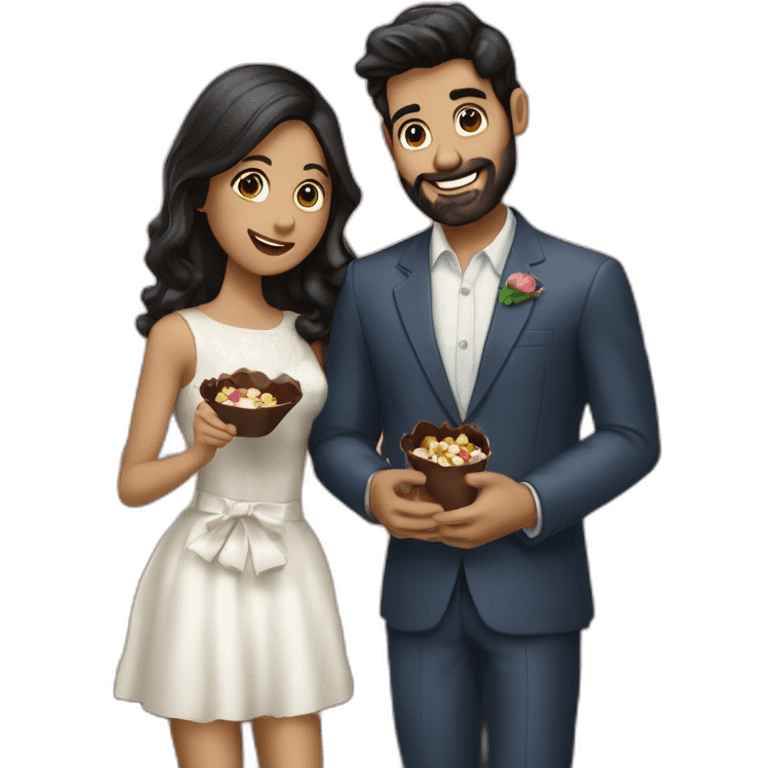 par de novios comiendo chocolates. el chico tiene barba and the girl black hair y cabello liso emoji