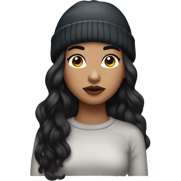 beautiful girl with long flowy black hair and pouty glossy lips wearing winter beanie emoji