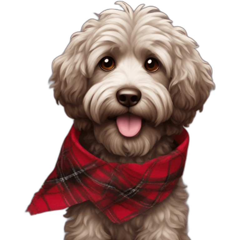 portrait Dark chocolate colored doodle with wavy fur wearing a red and black flannel handkerchief emoji