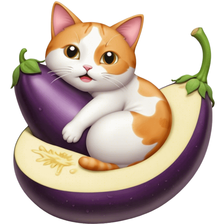 Wet cat giving birth to a large eggplant emoji