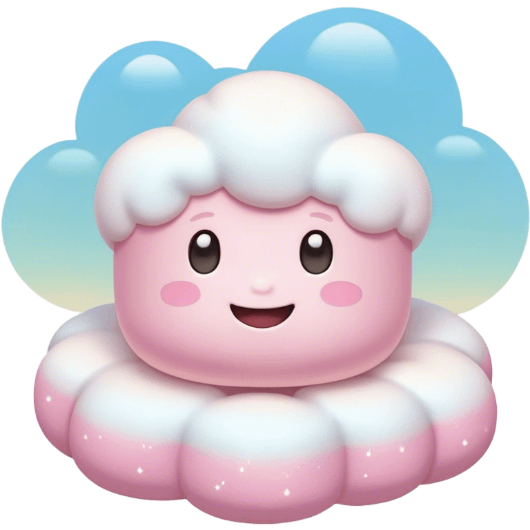 Cinematic fluffy pastel marshmallow character, soft round edges, tiny sparkly eyes, a small happy smile, glowing warmly, floating in a dreamy soft sky. emoji