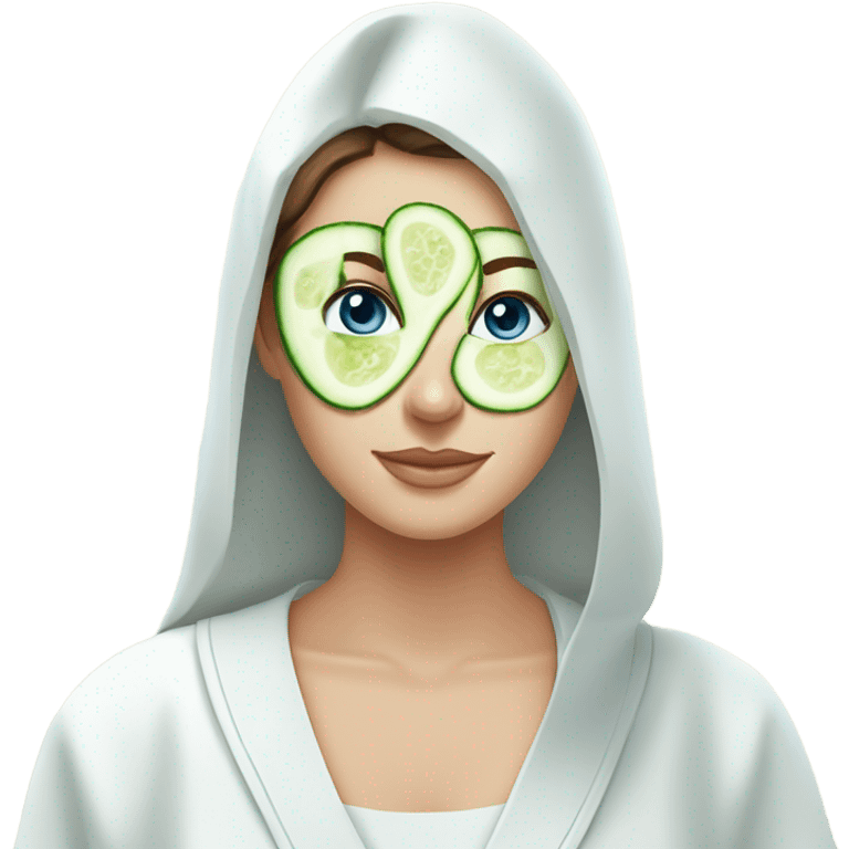 White girl with Brown hair and blue eyes wears a Green colored skincare textured mask and puts on cucumbers around her eyes while She relaxes in her white Robe emoji