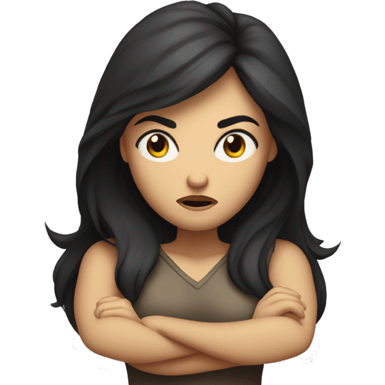 Angry scowling woman, long dark hair, with arms crossed over chest. emoji