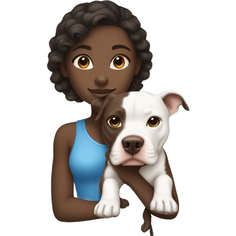 Dark Brown haired, almond skinned girl,with a blue nosed pit bull emoji