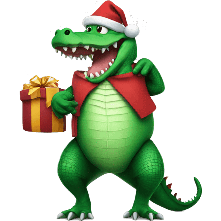 Scary looking Crocodile wearing a Santa outfit carrying a sack of gifts  emoji