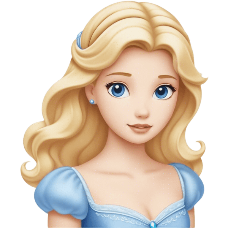 Cinematic Serene Cinderella Portrait Emoji, rendered in a realistic, vector-style with minimal shading. Depict a gentle Cinderella (chest and above) with porcelain skin, smooth blonde hair falling in soft waves, and calm, inviting eyes. Dressed in her modest daytime dress, she exudes quiet grace and pure enchantment, highlighted by a soft glowing outline. emoji