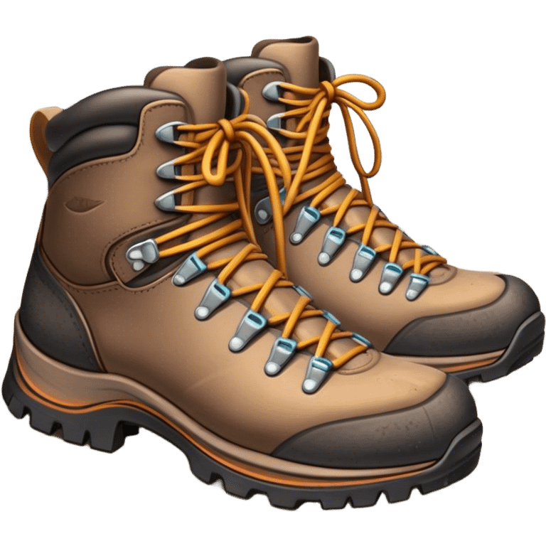 Cinematic Realistic Hiking Boots, well-worn leather boots resting on a rocky trail, scuffed edges and dirt-speckled laces adding character, glowing softly under the dappled sunlight filtering through the trees. emoji