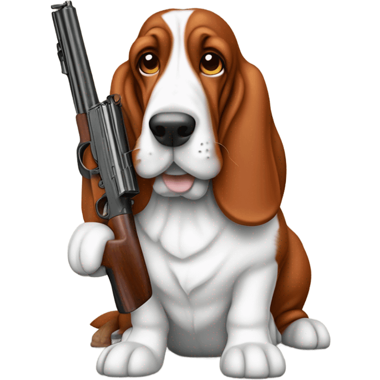 Red and white basset hound with gun emoji