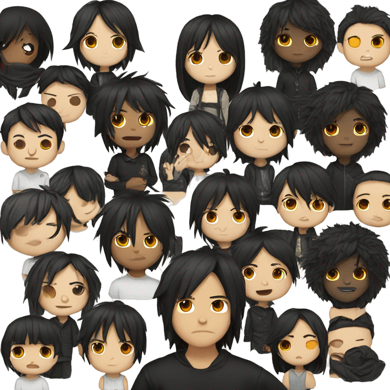 chinese, brown eyes, black layered shag hair, emo emoji