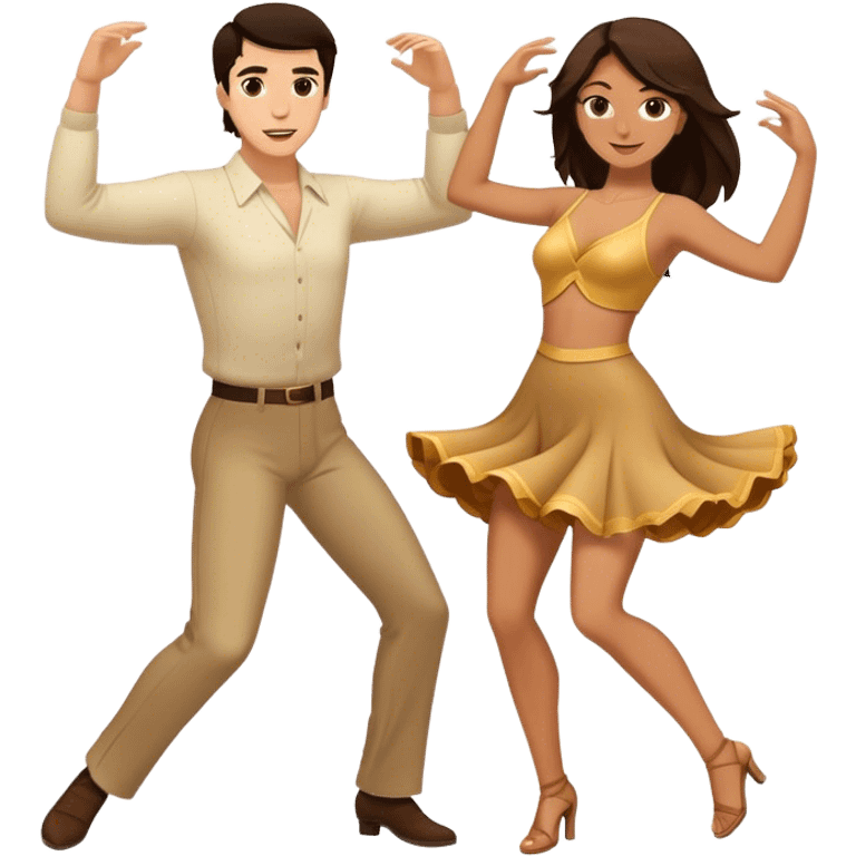 White Man with dark hair and white woman with brown hair dancing emoji