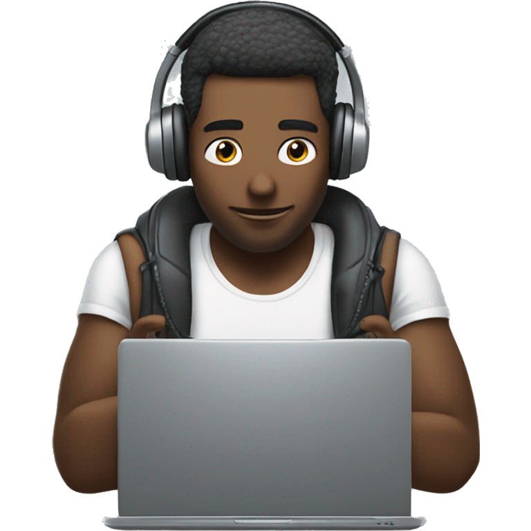 man in headphones talking hold laptop and phone only upper part of body  emoji