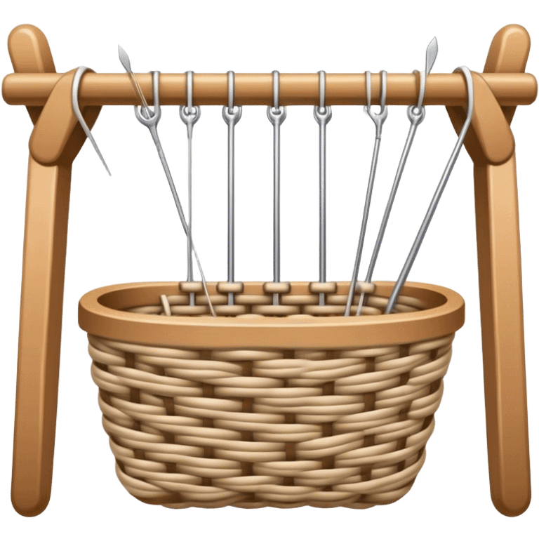 Weaving icon, various types of weaving such as basket weaving, macramé, and loom weaving, showing intertwined threads or ropes, weaving tools like shuttle, crochet hook, and loom, minimalistic style, clean lines, transparent background. emoji