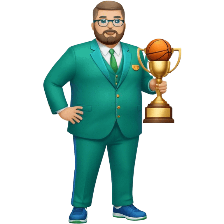 full body white obese male basketball coach with trophy. Goatee beard , Wearing glasses and blue and green suit emoji