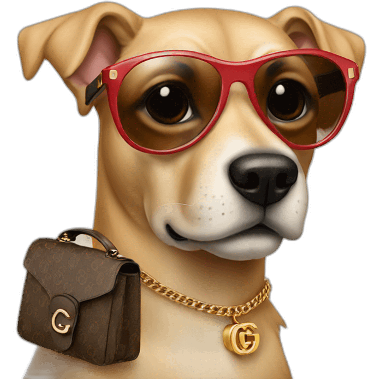 Dog wearing a gucci bag and sunglasses emoji