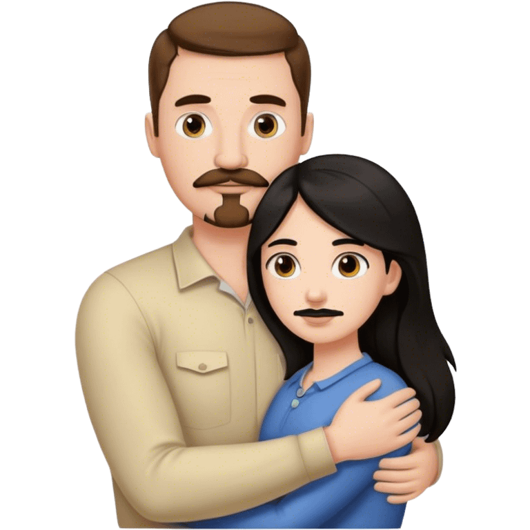 Couple, Tall strong white man with brown hair mustache and goatee, hugging small pale woman long with black hair emoji