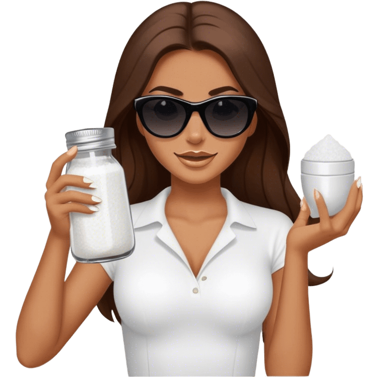 sassy woman with long brown hair, tan skin, and dark sunglasses holding a salt shaker filled with white table salt. She is sprinkling the salt out from the shaker while smirking emoji