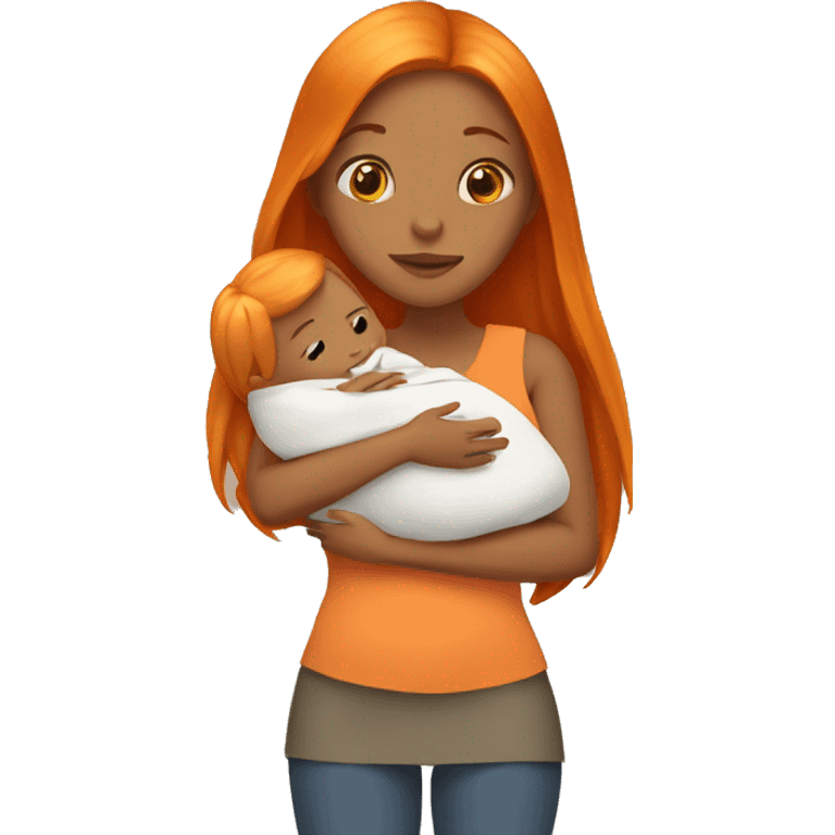 Tan girl with long orange hair holding newborn baby in arms emoji