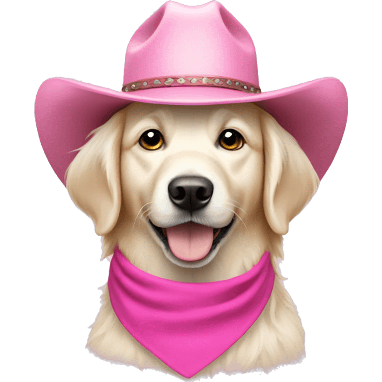 White golden retriever wearing pink cowboy hat emoji