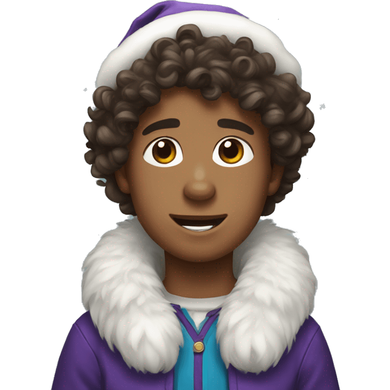 A boy with curly brown hair with an husky in Christmas costume  emoji