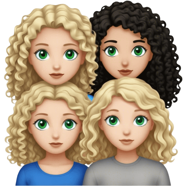 three girl, the oneom the left  blonde with blue eyes, the one that is in the middle that have curly brown hair and grey eyes e the one on the right with straight black hair and green ehes emoji