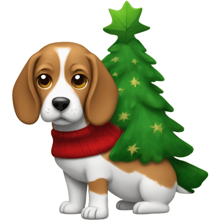 Beagle wearing a red Christmas sweater with a green tree in the front  emoji