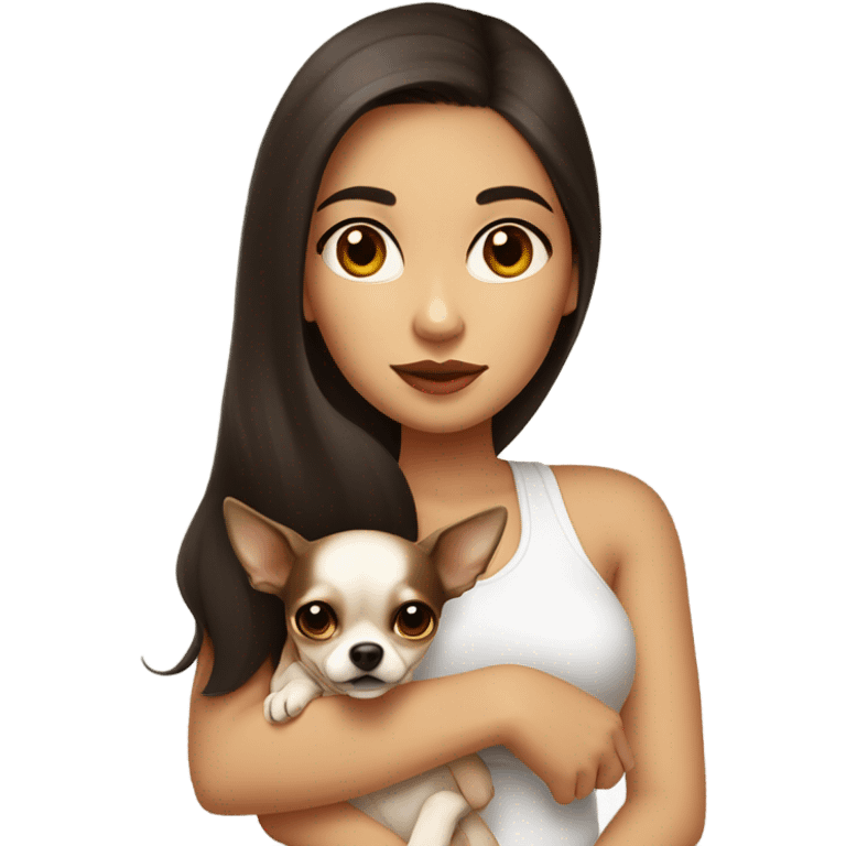 A girl with long, dark brown hair, big dark brown eyes, and very big lips. She is wearing a white singlet top and holding a small chihuahua in her arms that is a 100% light yellow colour  emoji