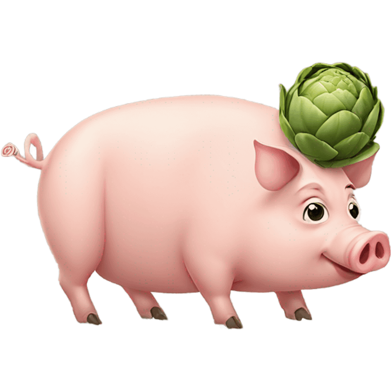 A pig looking at a artichoke the pigs face looks like be wants to eat the artichoke on the ground emoji