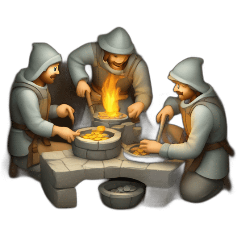 inside of a medieval mint showing different people working creating coins with a furnace emoji