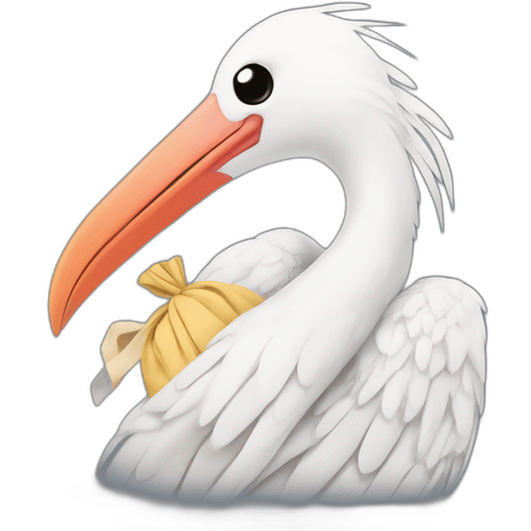  A big white stork carrying a bundle of cloth in its beak that has a cute white skinned baby face peeking out from it with black head emoji