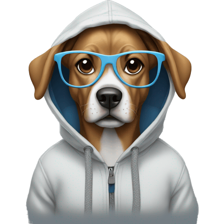 Dog wearing a hoodie with glasses emoji