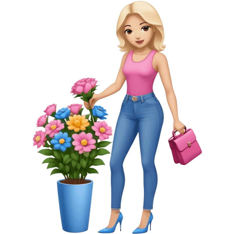 Make her building a flower bouquet in a pink top and jeans and heels emoji